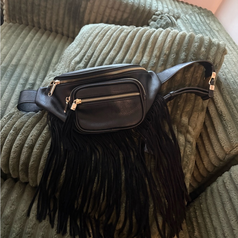Black Fringe Leather Crossbody Waist Bag